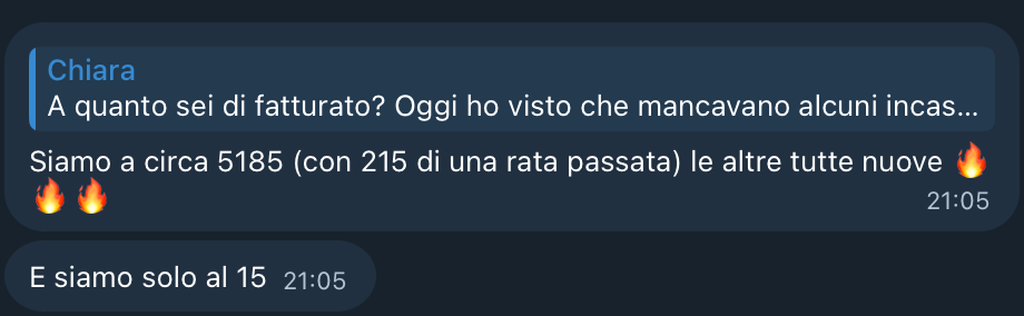 Screenshot della chat con Chiara: fatturato a 5185€ a metà mese